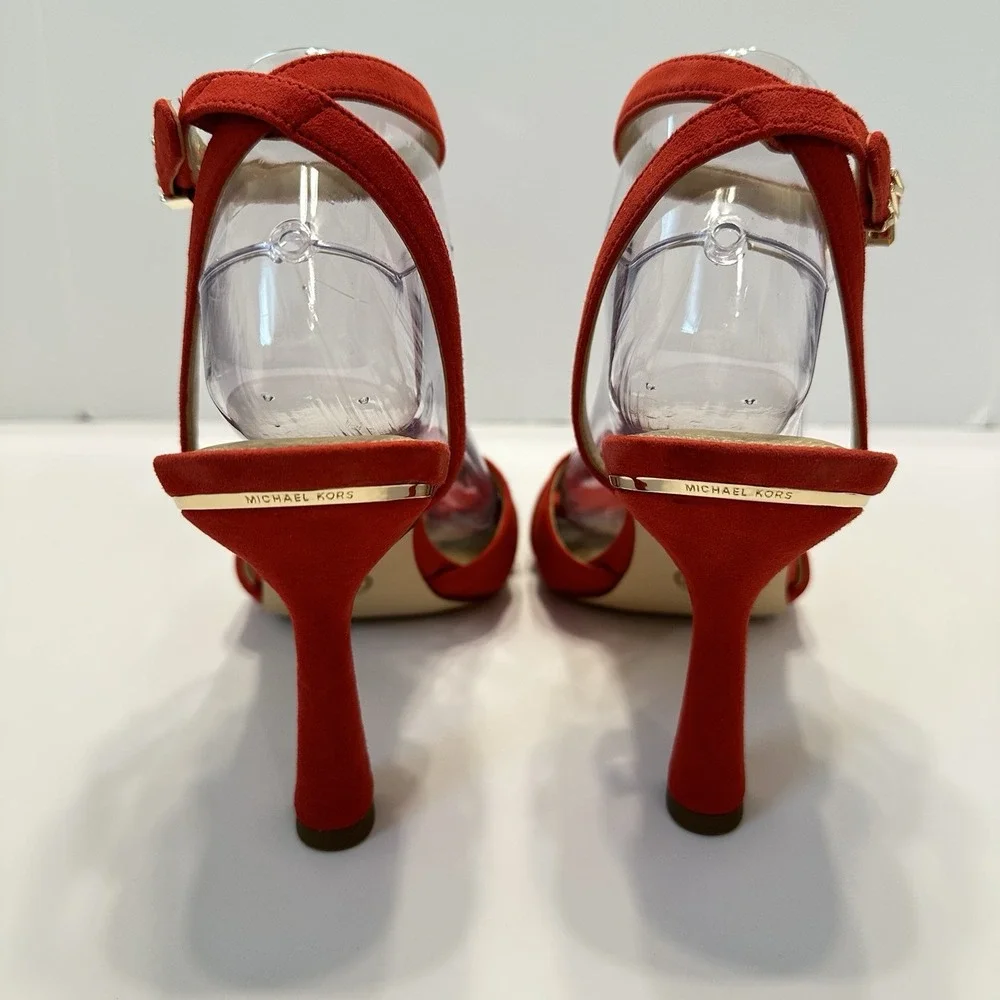 Michael Kors Cara Sandal Heels Suede Leather‎ Bright Red Women's Sz 9.5M Strappy